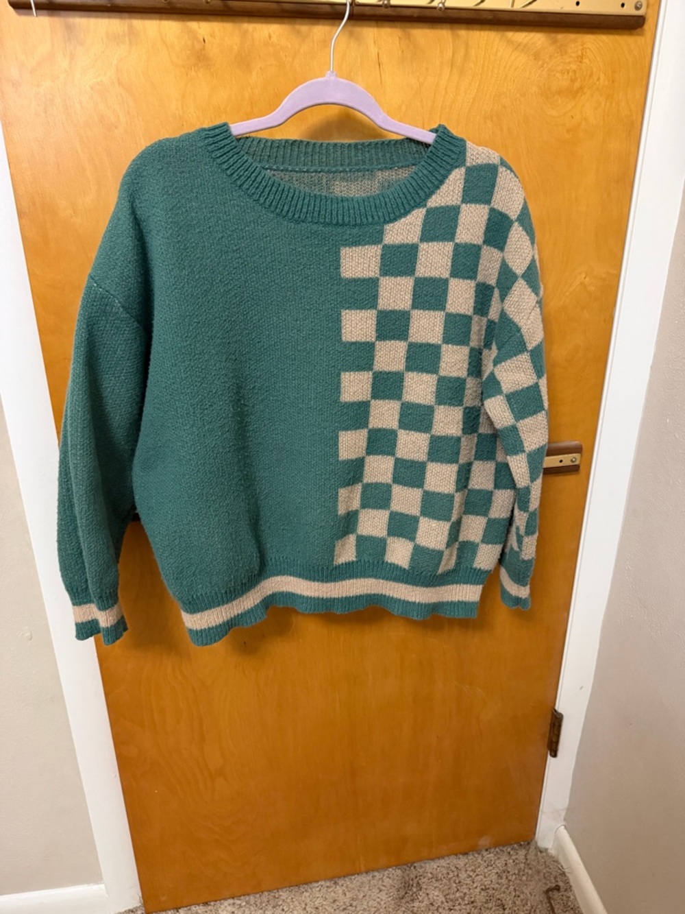 SHEIN Teal and Cream Checkerboard Crewneck Sweater